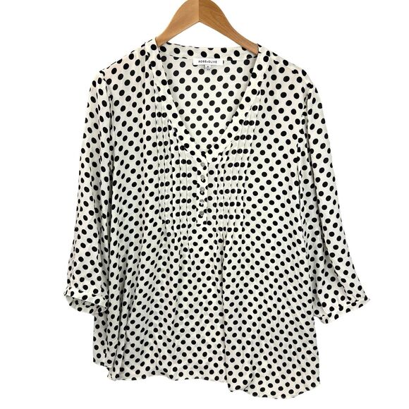 Rose & Olive Blouse 2X Ivory Black Polka Dot 3/4 Sleeve Pleated V- Neck - Picture 1 of 11